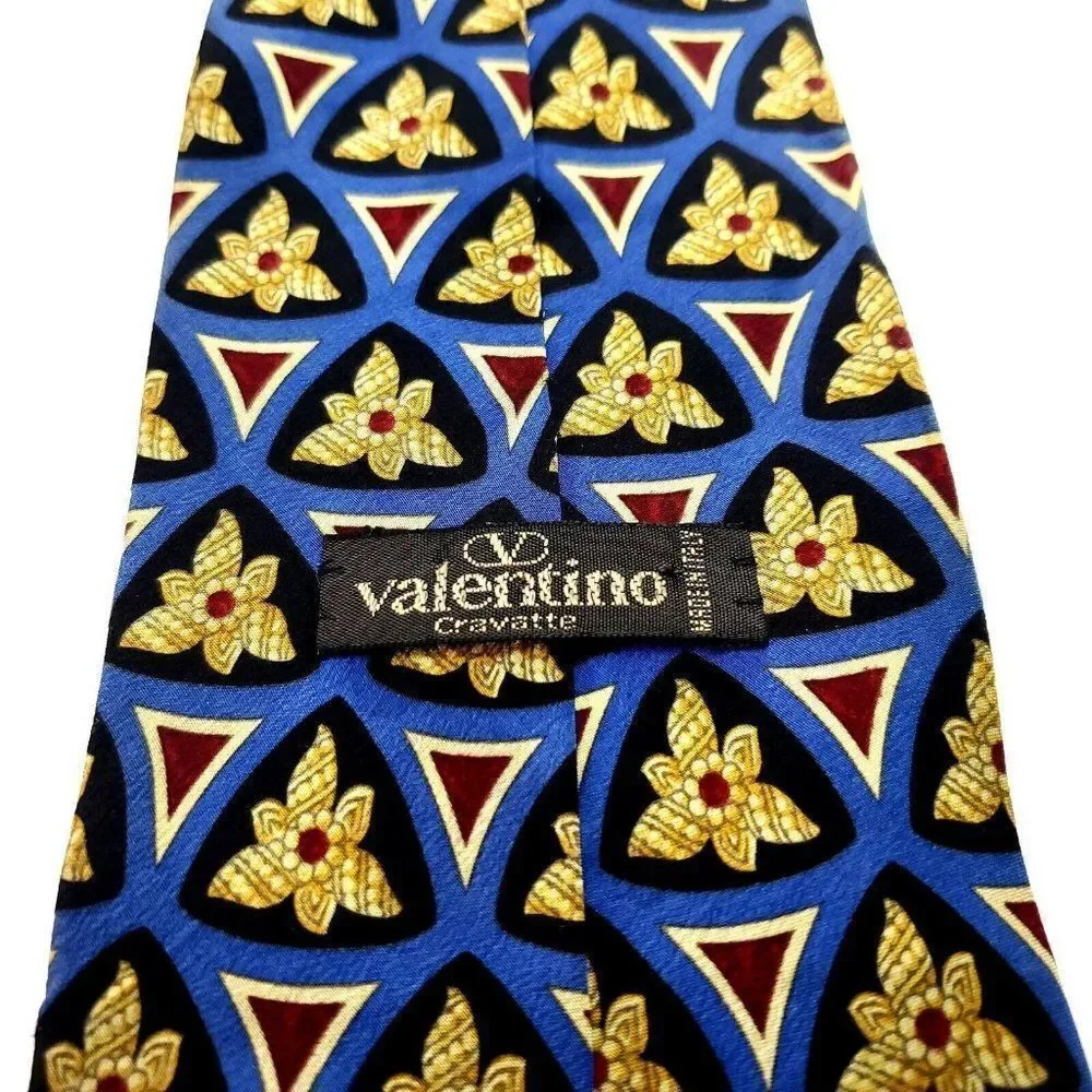 Valentino Blue & Beige Silk Tie Woven‎ Wide Geometric